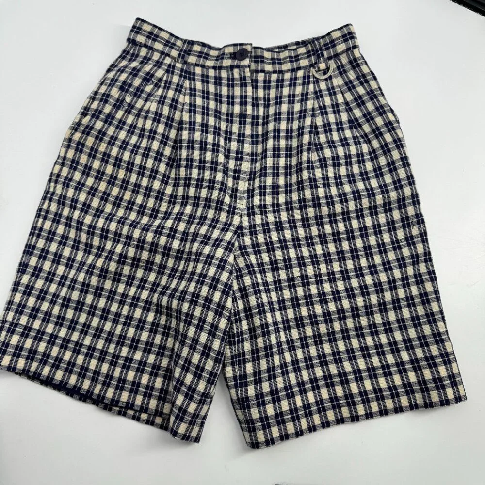 Christian Dior Sports Vintage Navy Cream Plaid High-Waisted Wool Shorts Size 6 - Picture 2 of 10